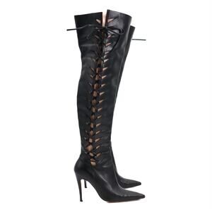 Manolo Blahnik Knee High Lace Up Leather Boots Size 37.5 EU